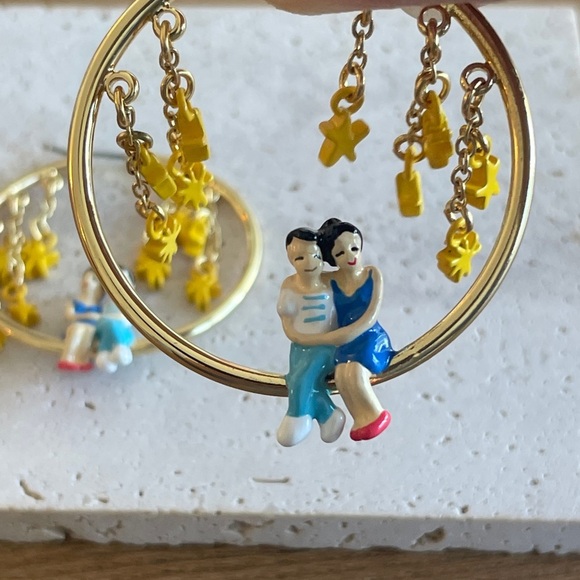 Les NEREIDES Gold and Yellow Hoop Earrings with Couple Charm - Picture 3 of 5